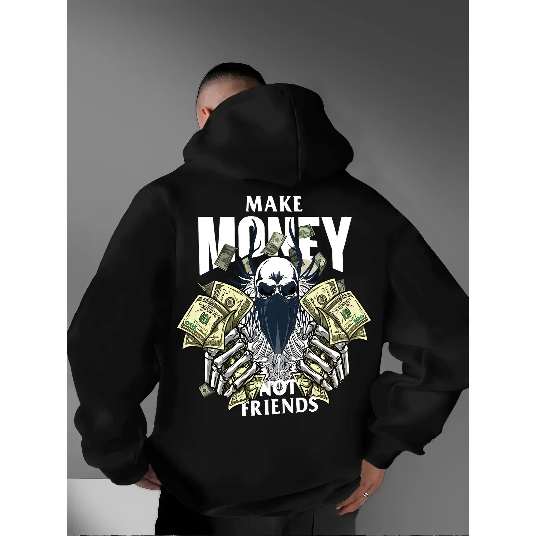 Oversized Pullover Hoodie, Front Mini Logo & Back Large Skull Dollar Graphic Printed MAKE MONEY NOT FRIENDS Sweatshirt, Hip Hop Streetwear Unisex Hooded Top