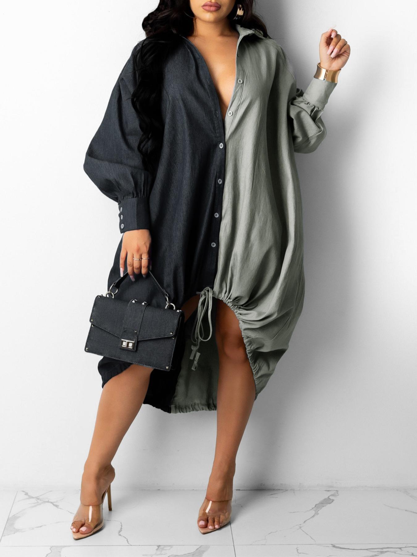Women's Colorblock Drawstring Hem Dress, Casual Button Front Long Sleeve Woven Dress for Spring & Fall, Women's Clothing for Daily Wear