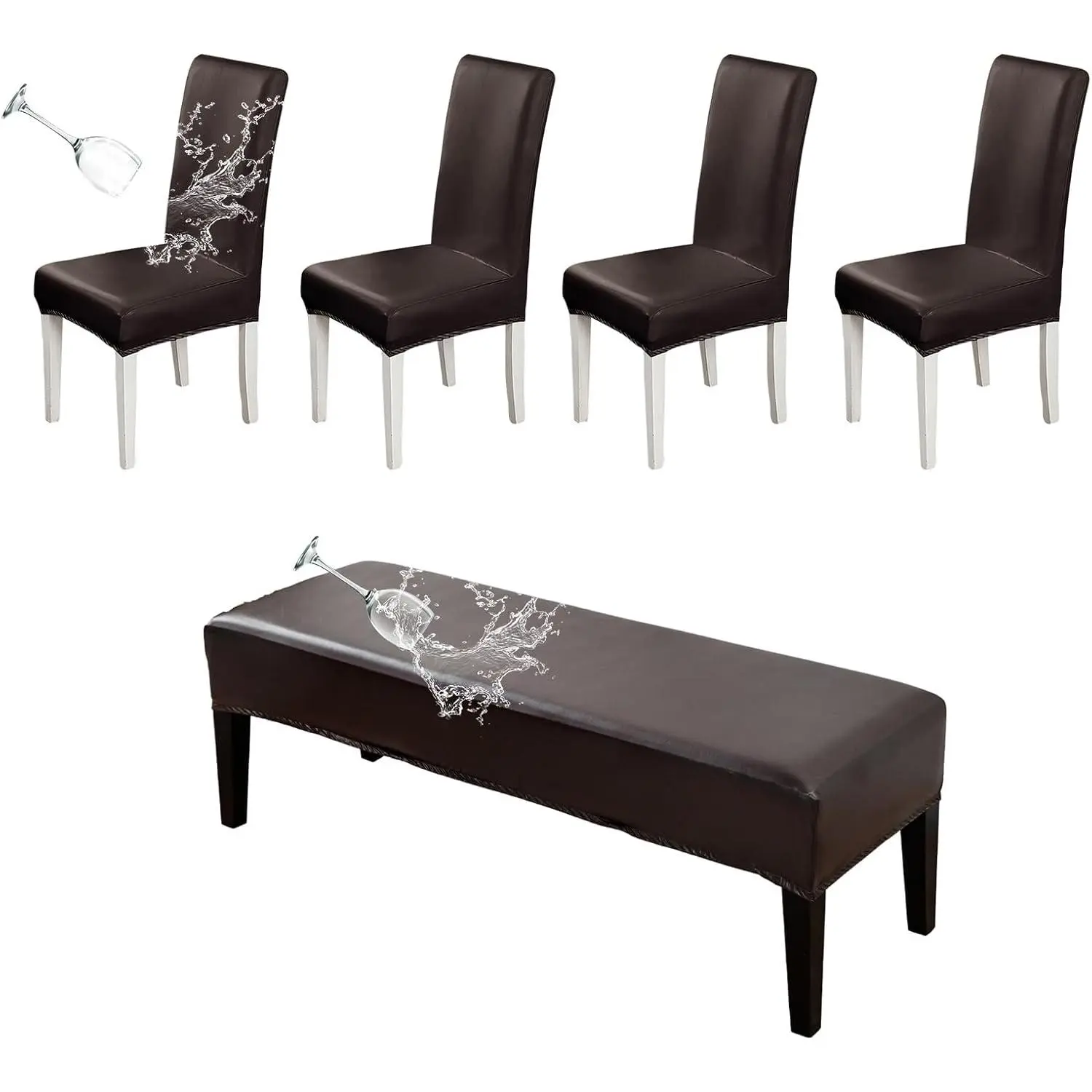 Waterproof PU Leather Dining Chair Covers Set of 5 with Bench Chair Cover Parsons Chair Slipcover Upholstered Bench Slipcover for Dining Room Hotel Restaurant-5 Piece