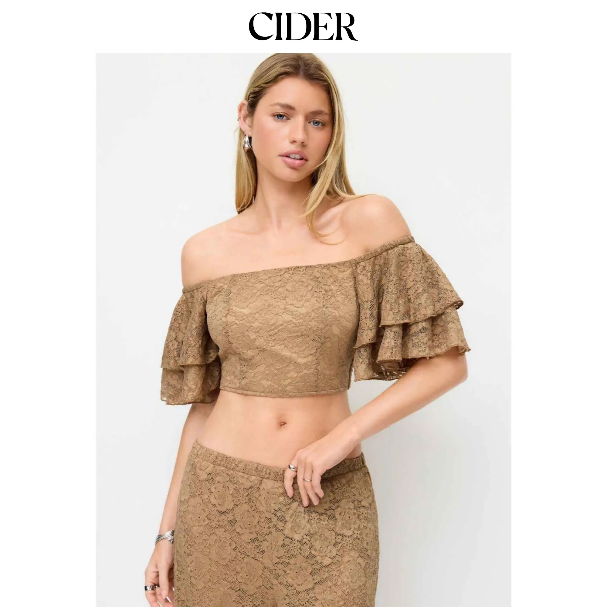 Cider Lace Off-shoulder Ruffle Sleeve Shirred Crop Top SummerWins SummerFinds