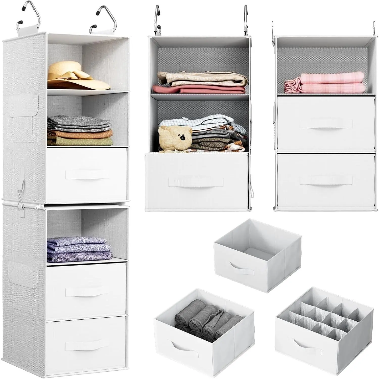 6-Shelf Hanging Closet Organizer with 2 Separable 3-Tier Shelves, 3 Drawers & Side Pockets, Closet Storage for Wardrobe and Nursery Clothes Organization, White