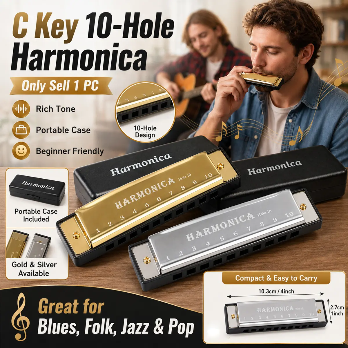 C Key 10-Hole Harmonica, Musical Instruments, Gold/Silver Diatonic Blues with Portable Case and Polishing Cloth, Smooth Metal Cover, Rich Tone Mouth Organ, for Adult Beginners, Blues, Folk, Jazz, Pop, Stage Practice, Family Music, Party and Gift