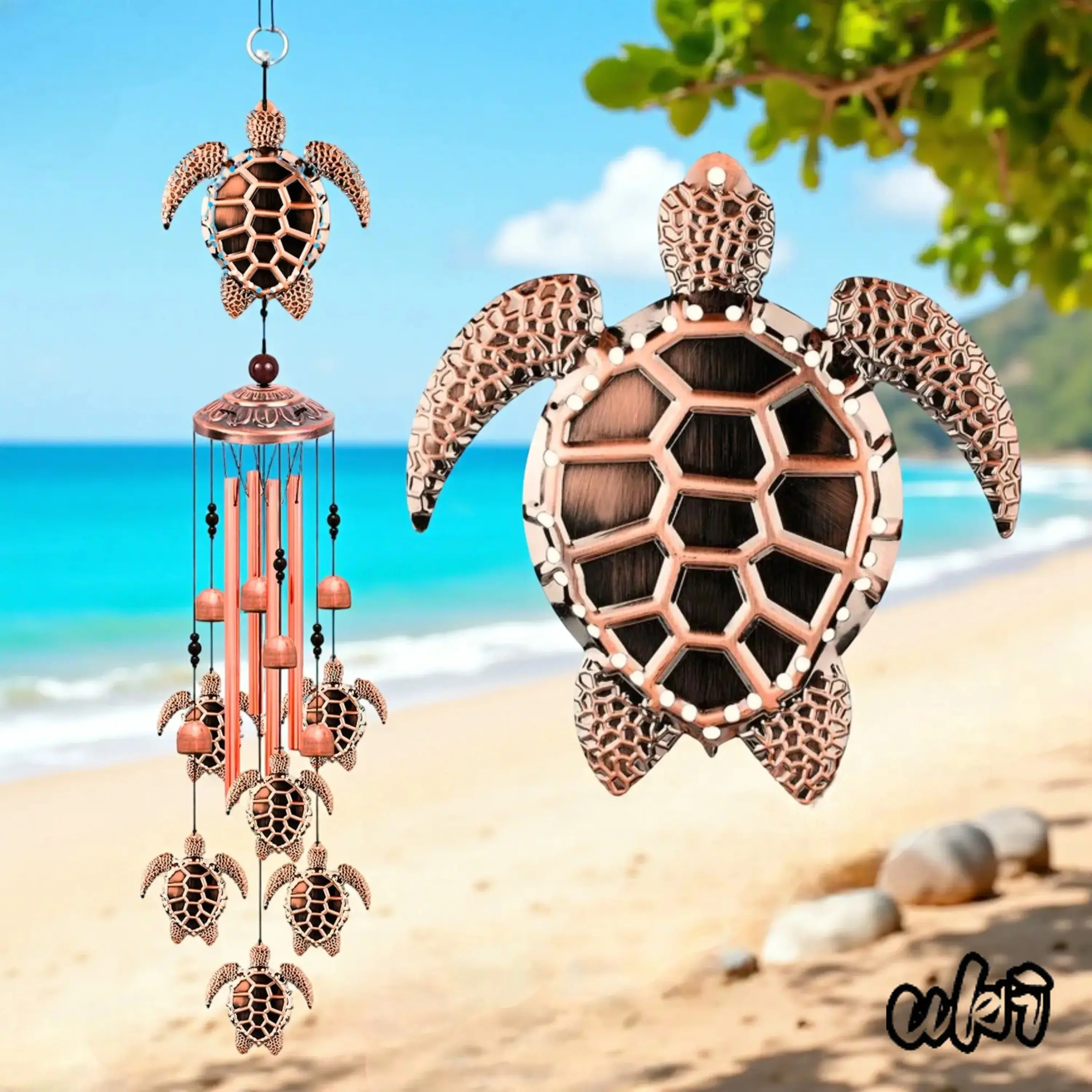 Coastal Style Sea Turtle Wind Chimes With Six Lucky Tortoise Ornaments And Four Aluminum Tubes, Rustic Outdoor Indoor Decor For Garden, Yard And Patio Household Layout room