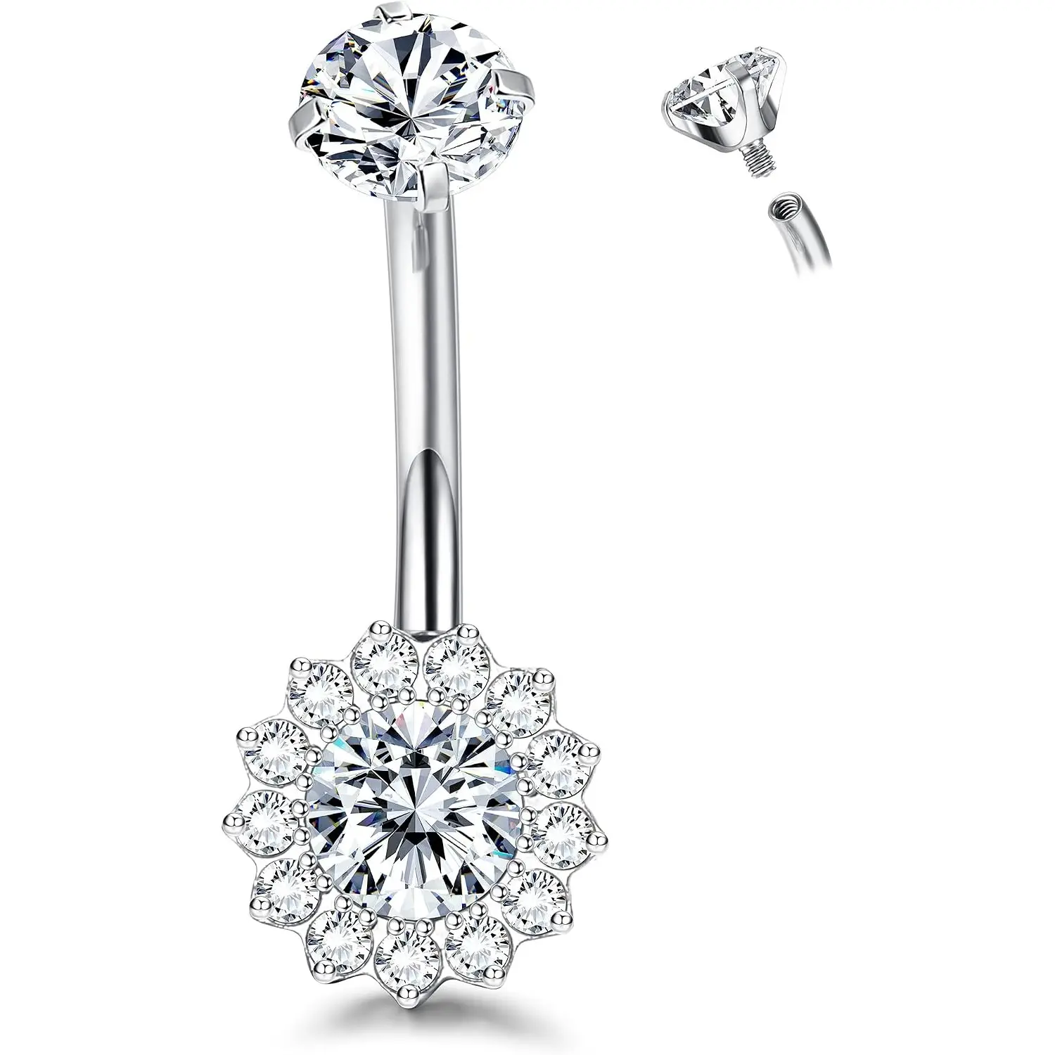 FIASASO 14G Titanium Belly Button Ring for Women AAAAAA Cubic Zirconia Belly Button Rings Flower Opal 10mm Gold Plated Belly Ring Halo Internally Threaded Navel Body Belly Piercing