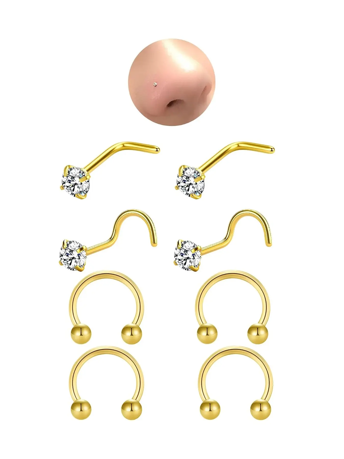 Gold Plated Piercing Jewelry Kit, Round Clear CZ Curved Nose Screws & Smooth Horseshoe Septum Hoops, Recyclable 316L Steel Multi Use Lip Nostril Piercings