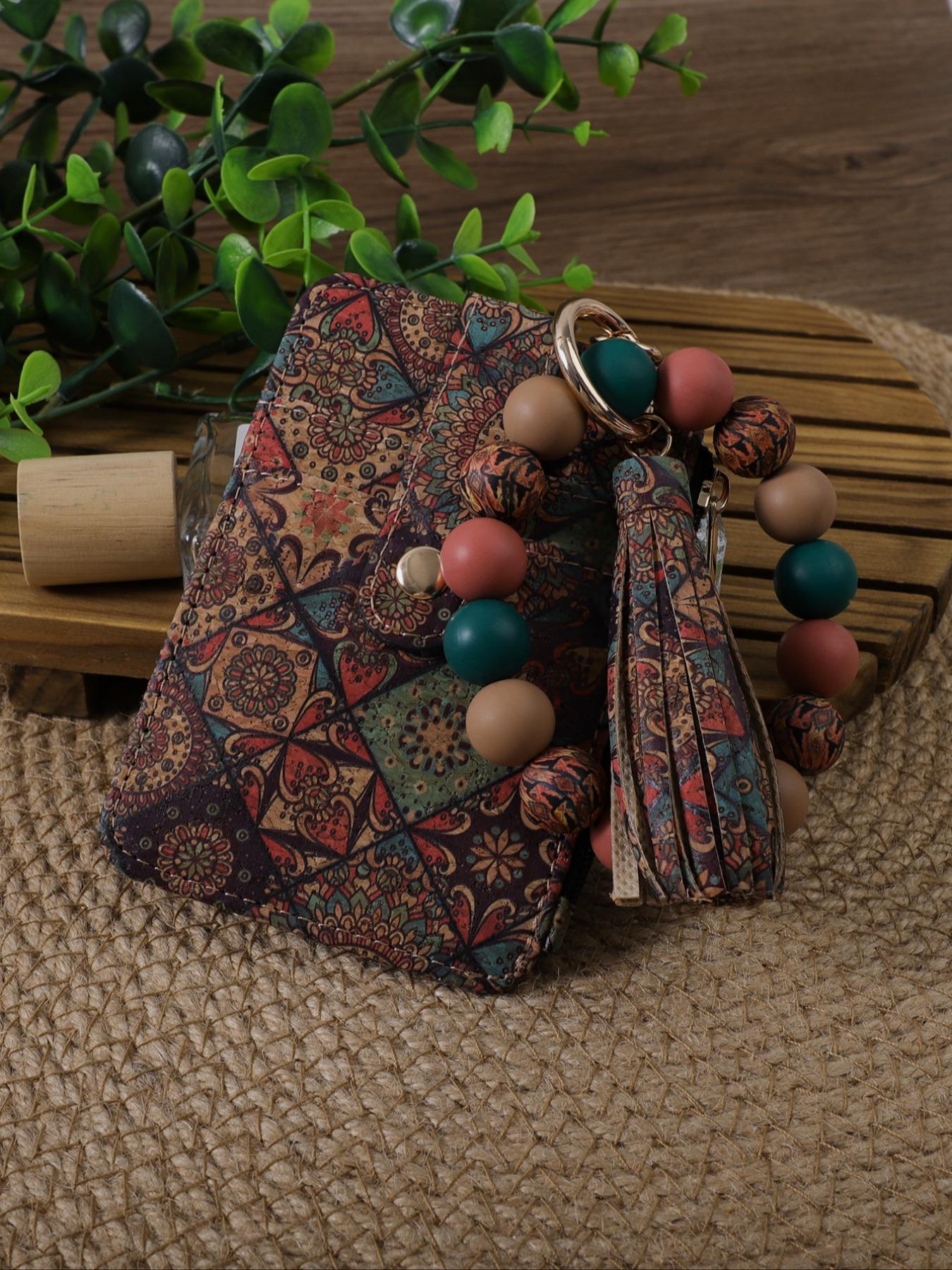 Vintage Boho Style Keychain, Stylish Keychain, Floral & Geometric Pattern Beaded Keychain with Card Holder Set for Women & Girls, Fashion Accessories for Daily Use