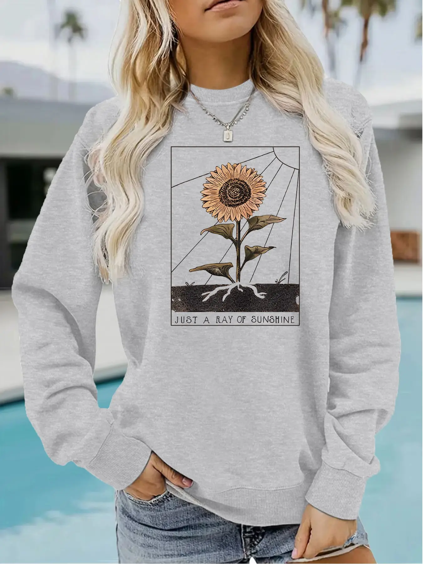 Women's Casual Round Neck Fleece Sweatshirt, Cute Sunflower Pattern, Four-Season Fashion Top, Comfortable Daily Wear