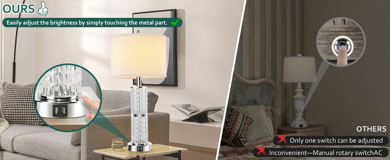 3-Way Touch Control Crystal Table Lamps Set of 2, Silver Modern Bedside Lamp with 2 USB Ports & AC Outlets for Living Room, 26' Tall Desk Lamps with White Drum Shade for Bedroom, 2 Free Bulbs Included