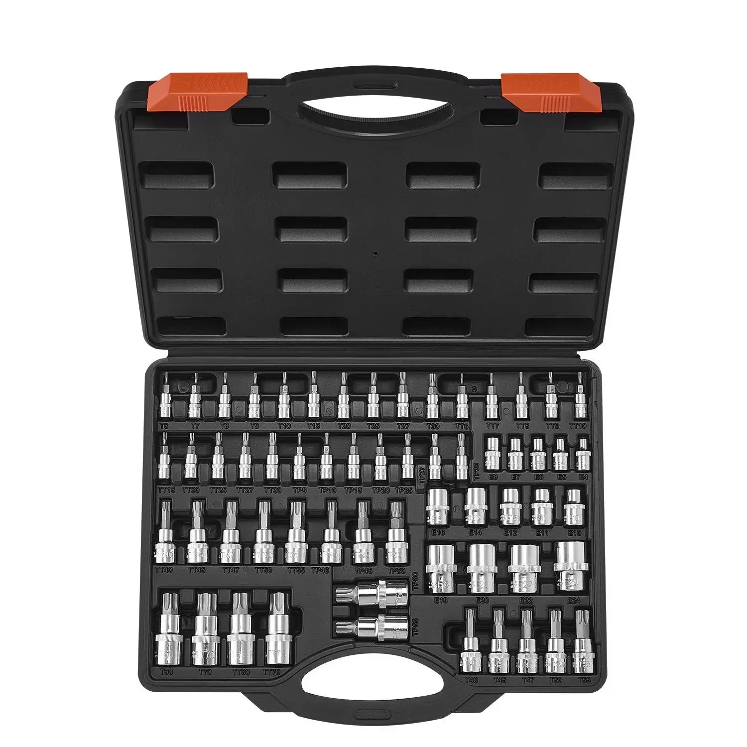 VEVOR Multi-Size Torx Bit Socket & External Torx Socket Set, 60-Piece (T6-T70, TT6-TT70, TP8-TP60, E4-E24), S2 Alloy Steel & Cr-V Steel, 1/4 in, 3/8 in, 1/2 in Drives, Enhanced Storage Case, Hand Use Tool Kit
