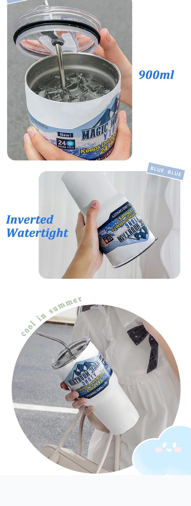 Magic Stainless Steel Freeze Thermos Cup with Straw Ice Coffee Drink Vacuum Insulated Bottle Car Travel Outdoor Mountain Cup