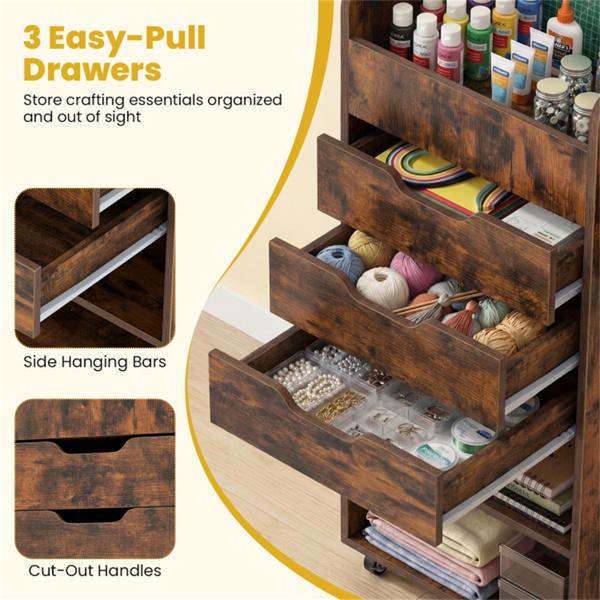 Rolling Craft Storage Cart with 3 Drawers & Adjustable Shelves, Mobile Wrapping Paper Organizer with Wheels