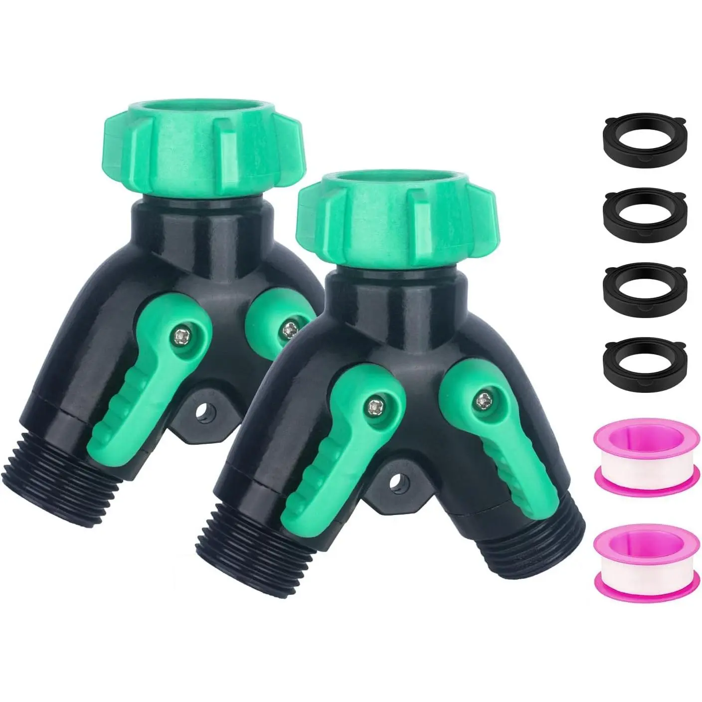 2 Pack Garden Hose Splitter 2 Ways Water Hose Splitter Heavy Duty Plastic 3/4" Hose Y Splitter Outdoor Faucet Splitter with Leak Proof Tape and 4 Extra Rubber Gaskets