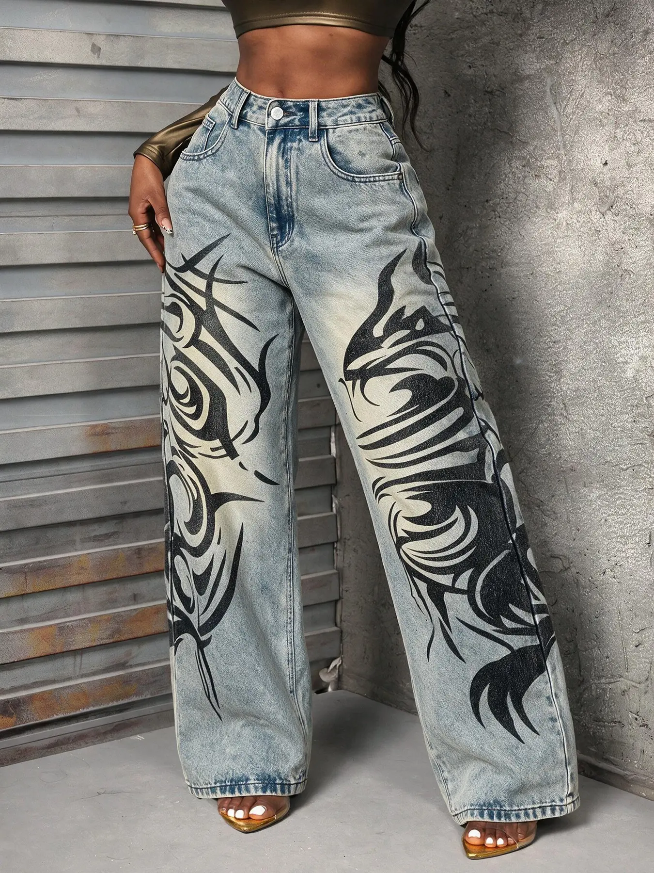 Women's High Waisted Wide Leg Jeans - Vintage Blue Washed Denim with Black Tribal Print Y2K Streetwear (Excluding belts and accessories)