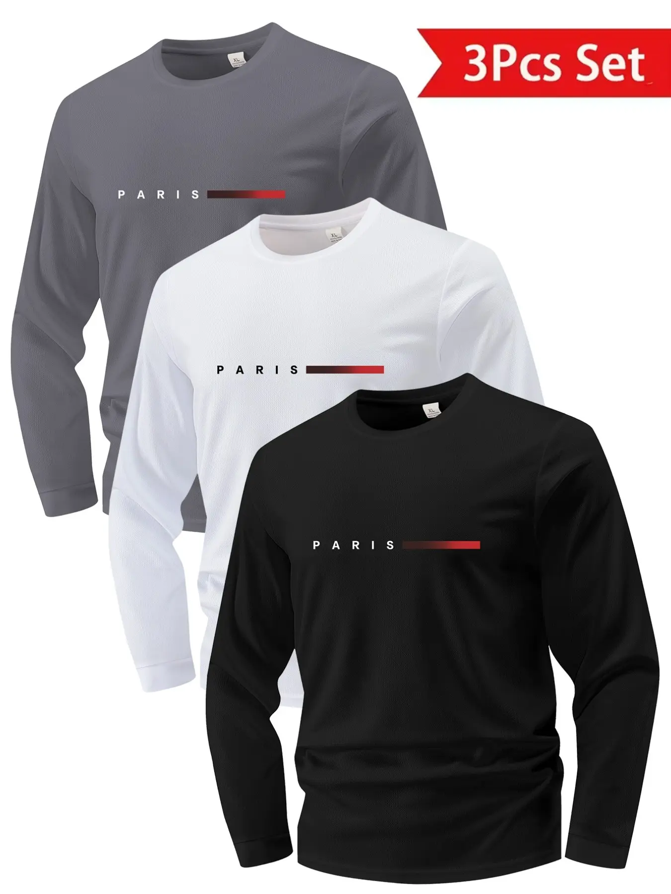 Men's 3-Piece Sporty Round Neck T-Shirt Set, Long Sleeve, Breathable & Quick-Dry, Lightweight, Comfortable, Multiple Colors, Gym Wear