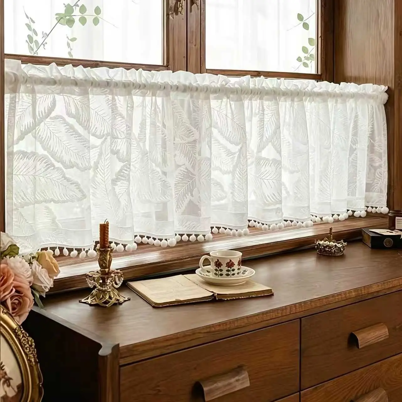 French Vintage Style Faux Fur Large Leaf Half Curtain with Pom Poms, Top Rod Pocket, Bedroom Balcony Kitchen Coffee Shop Decorative Short Curtain