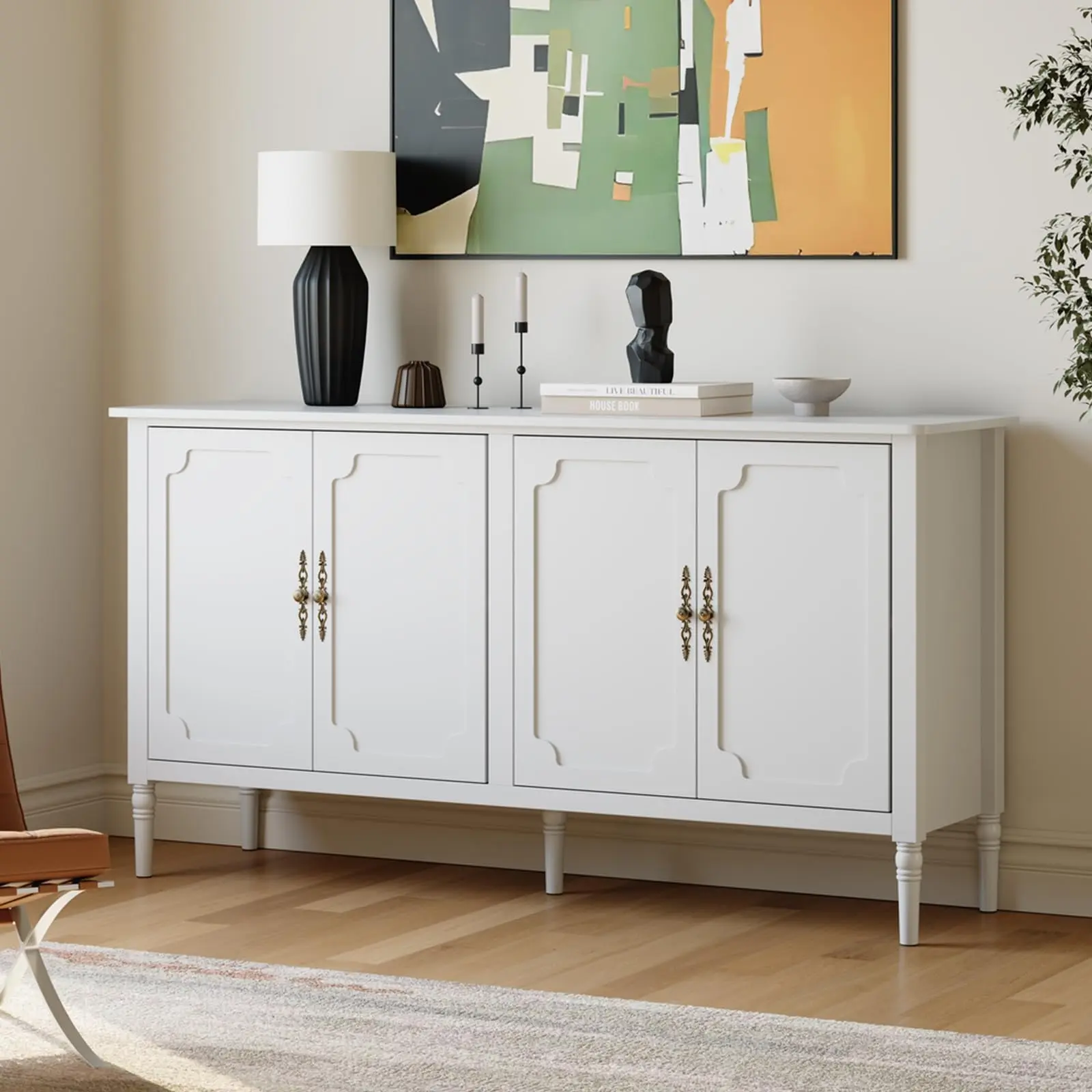 59" Mid-Century Modern Sideboard Cabinet, Vintage Buffet Credenza with Doors & Storage Shelves for Dining Room/Kitchen/Entryway