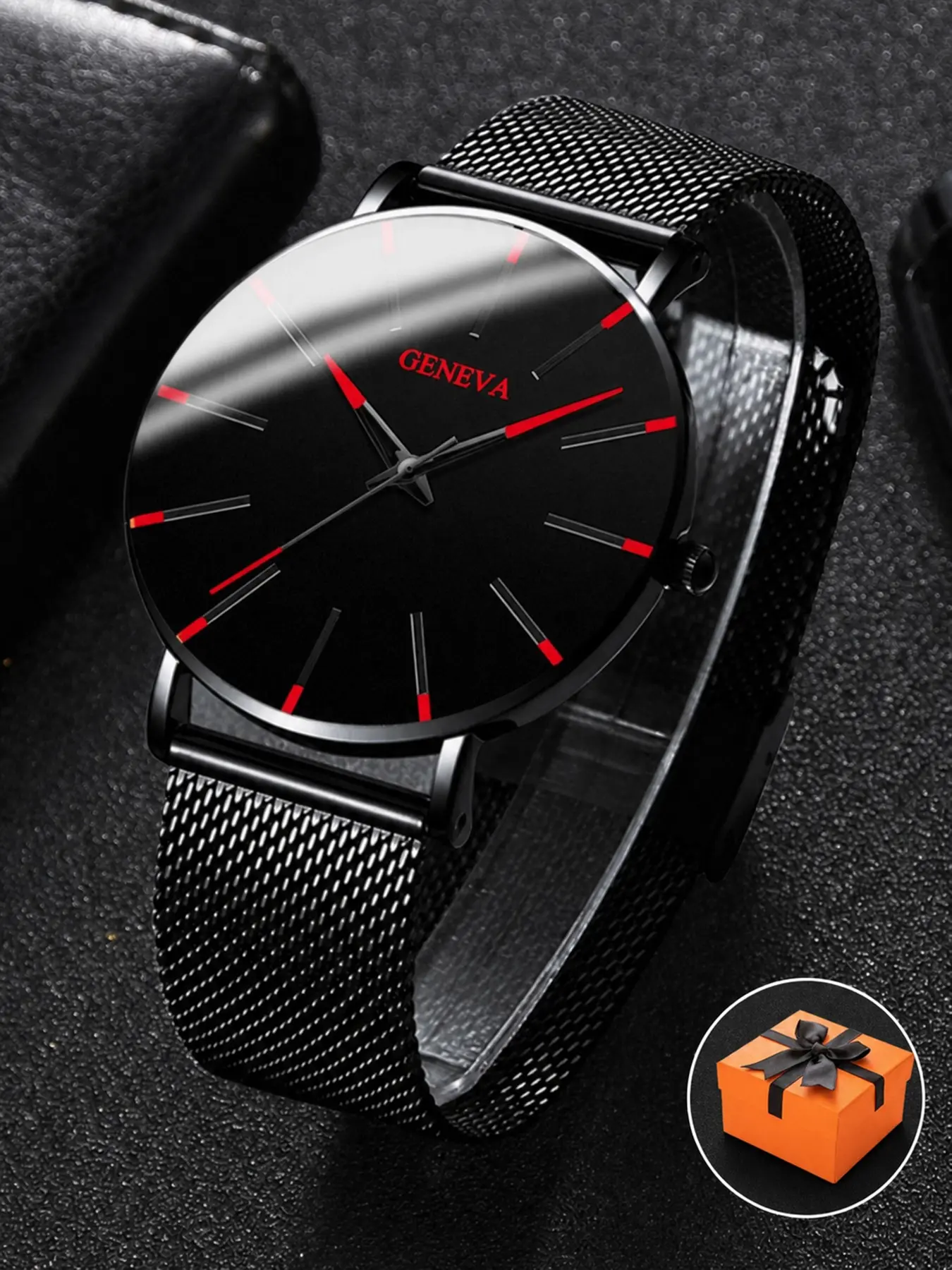 Men's Geneva Ultra-Thin Round Quartz Watch, Dial, Milanese Mesh Strap, Business Casual, Gift Box Included, All Seasons