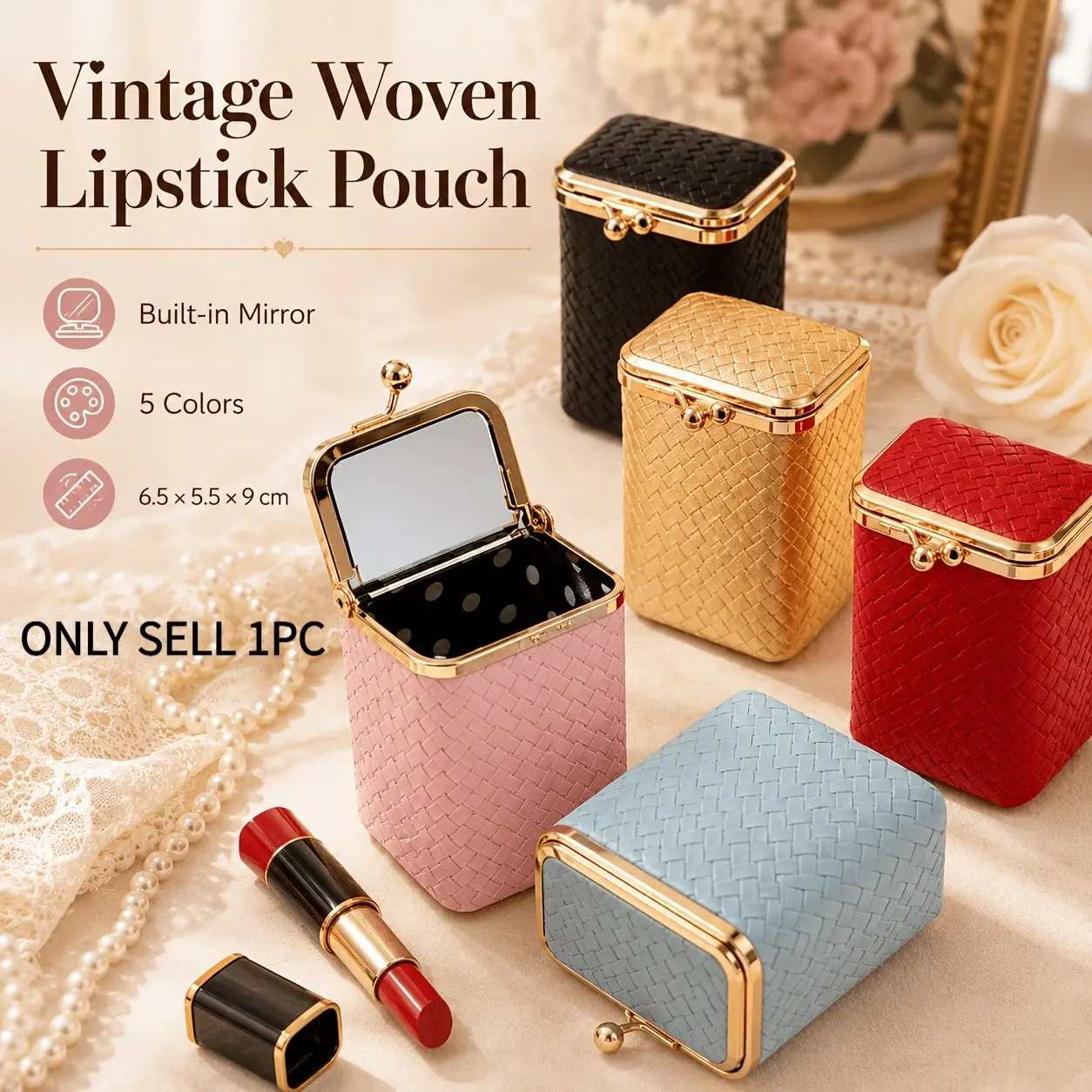 Vintage Woven Lipstick Case, Small Portable Makeup Organizer, Mirror Mini Lipstick Box, Metal Buckle Women's Coin Purse, Gift Makeup Bag, Makeup Travel Organizer