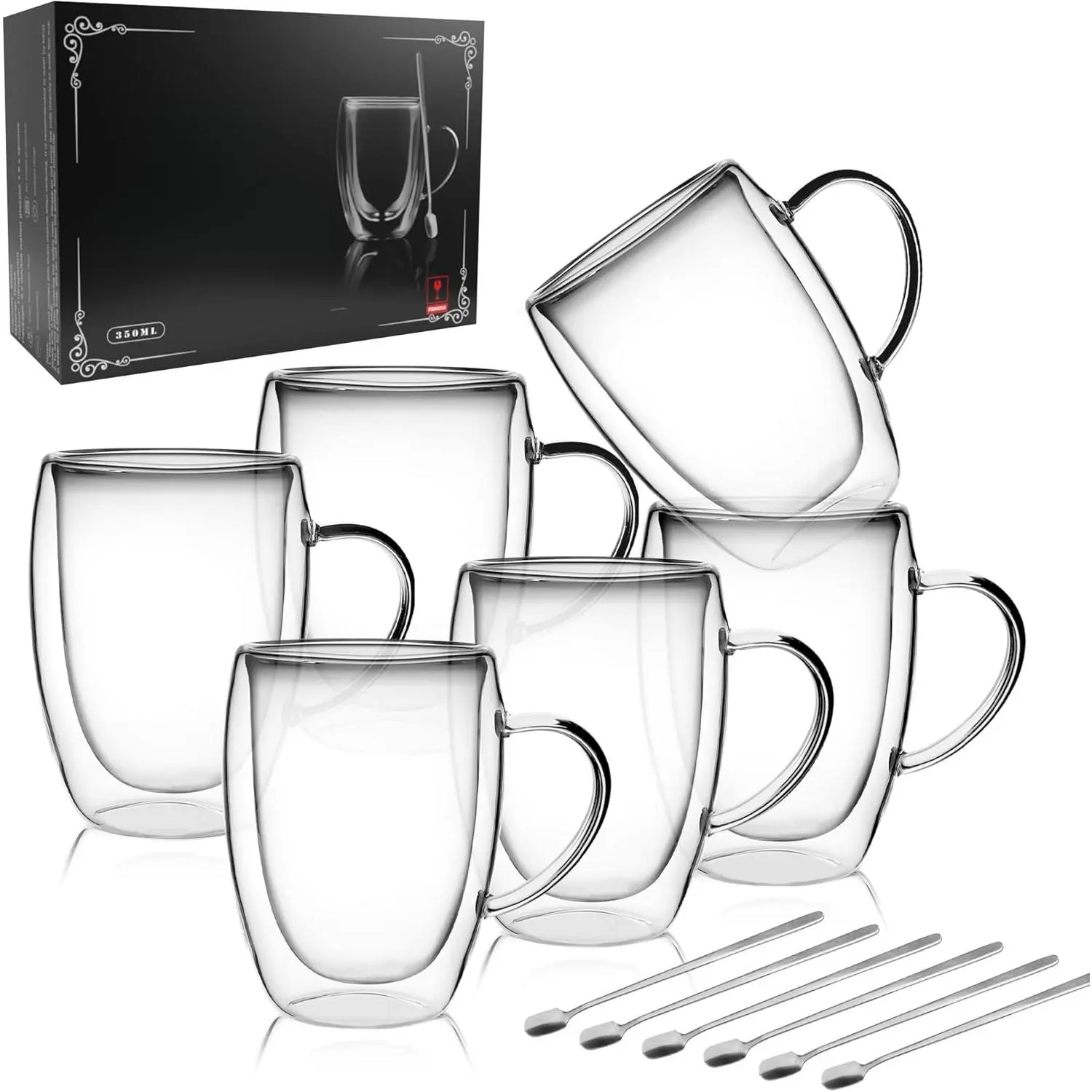 Double-Walled Insulated Transparent Borosilicate Glass Coffee Cup Set (350ml, 0-500ml Range), Handle Equipped, Dishwasher Safe, Gift-Ready for Coffee Lovers, Ideal for Enjoying Hot or Cold Beverages