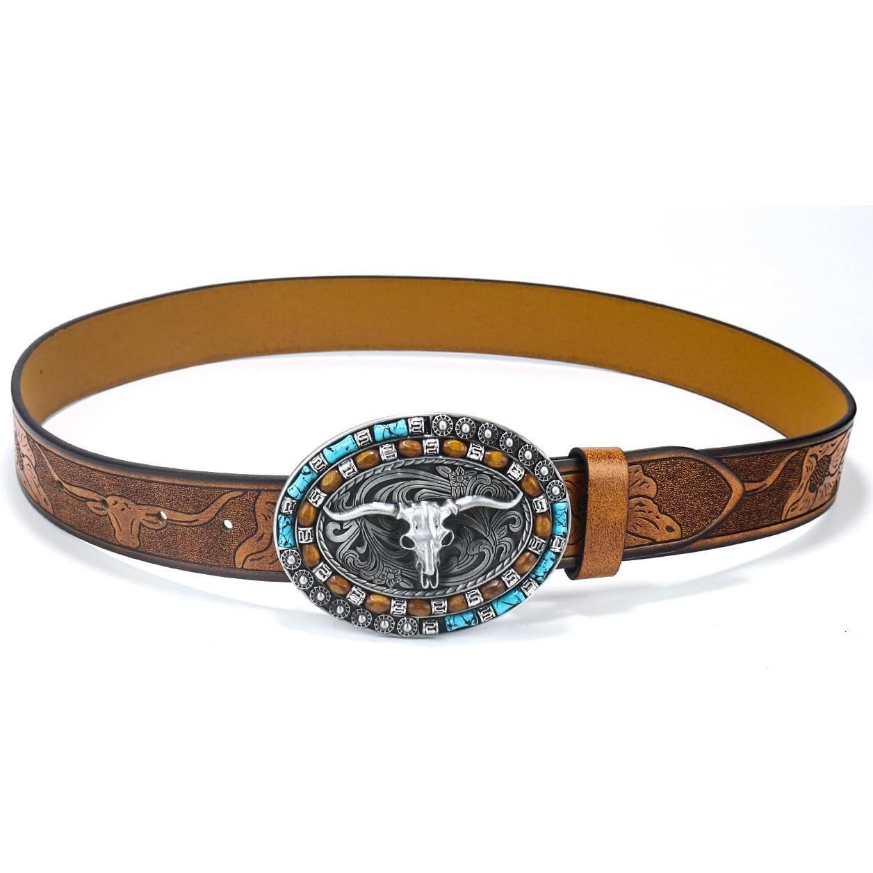 Women-Men Western Longhorn-Bull-Embossed Cowboy-Belt with Turquoise-Buckle 1.5" W Vintage Pu-Leather Cowgirl-Belt