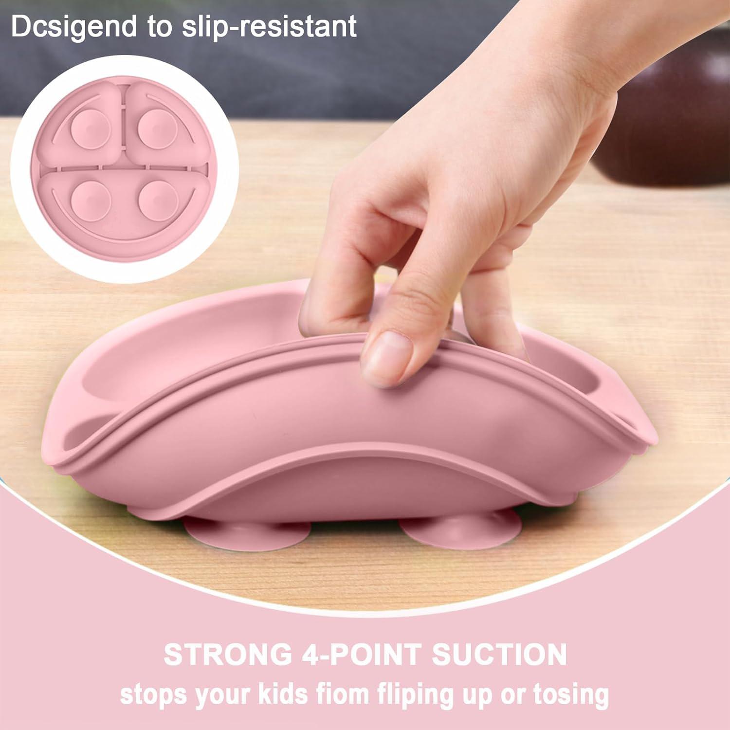 Silicone Baby Feeding Bowl with Suction Cup, 3-grid Design Baby Feeding Plate, Microwave Safe & Non-slip Food Container for Home & Outdoor