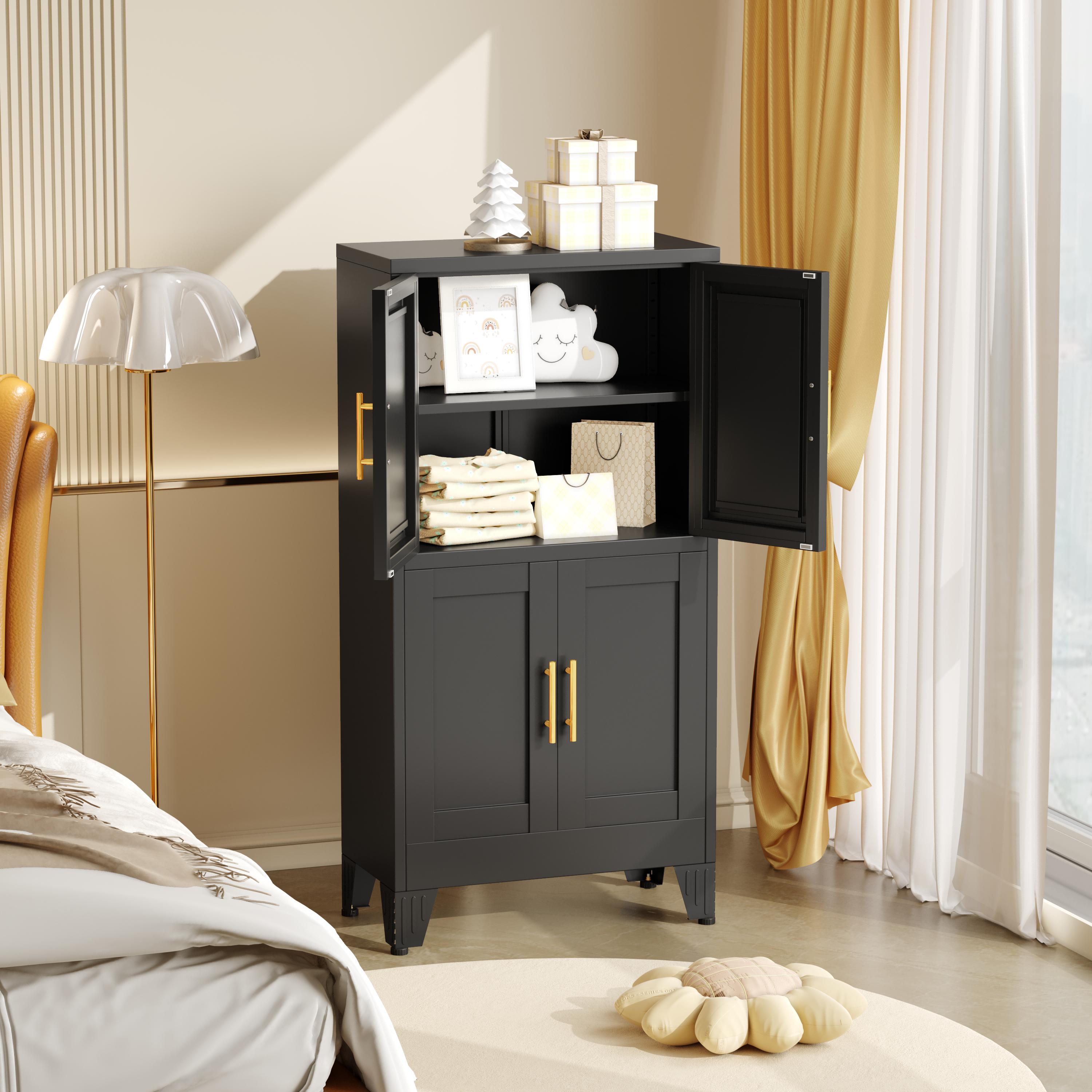 Kitchen Pantry Cabinet 47" Tall Metal Storage with Doors & Adjustable Shelves Black Freestanding Organizer for Kitchen Dining Room Living Room Laundry Room Minimalist Drawer Tower