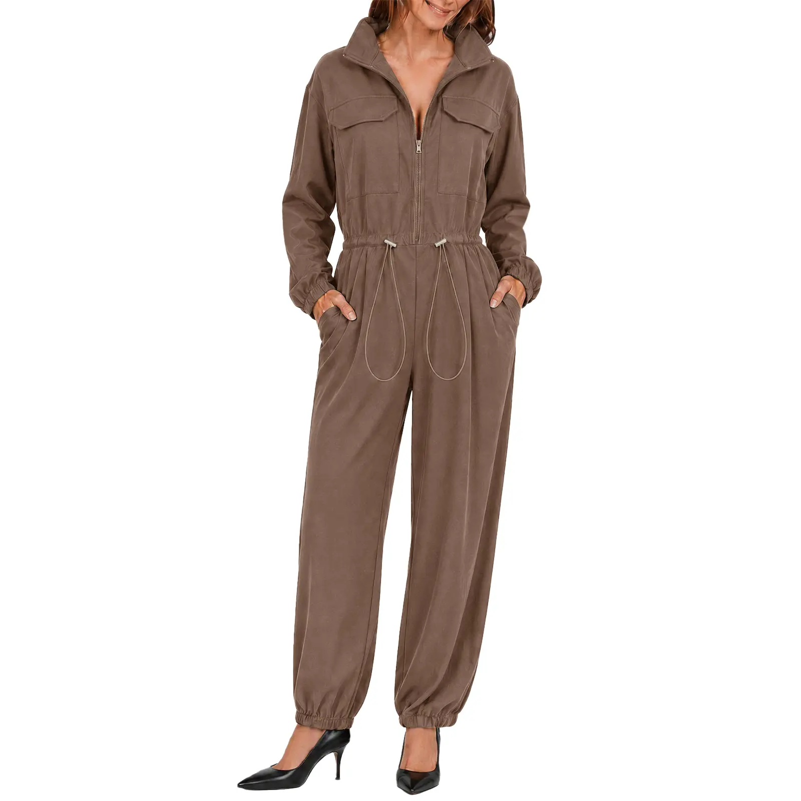 YOUSIFY Women Long Sleeve Jumpsuit, Half Zip Stand Collar Drawstring Waist Cargo Jumpsuit with Pockets, Casual Loose Jogger One Piece Outfit for Women