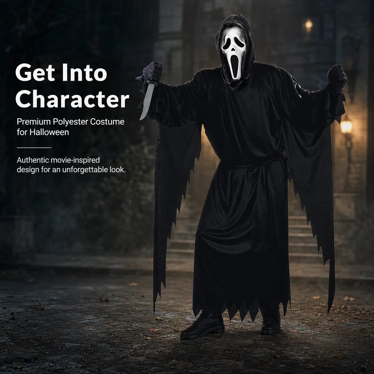 Scary Ghost Robe Costume Set with Screaming Face Mask & Retractable Plastic Dagger Adult Horror Cosplay Outfit for Halloween Party Trick or Treat