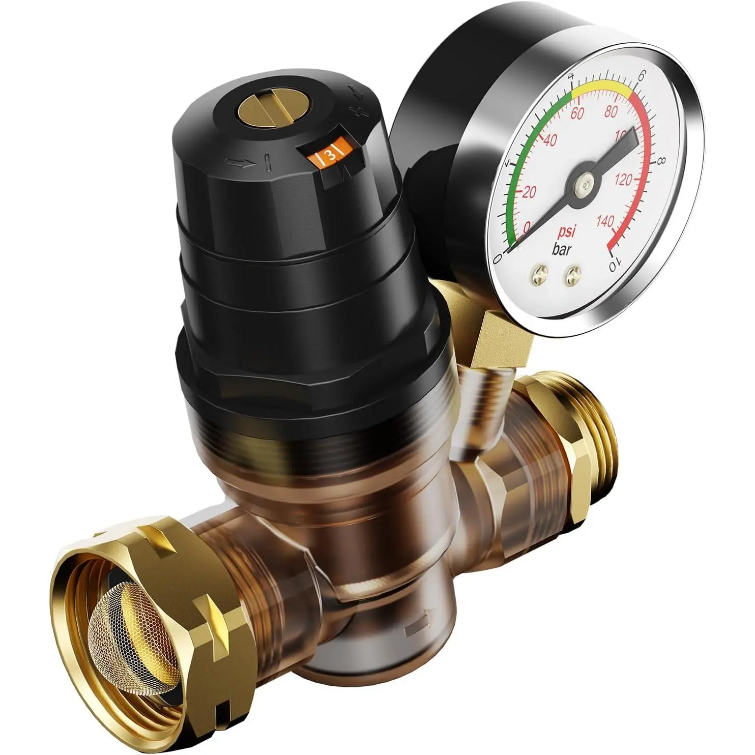 RV Water Pressure Regulator, Rotatable Scale Adjustable Camper Water Pressure Reducer with Gauge, Inlet Screen Filter for Camper Travel Trailer