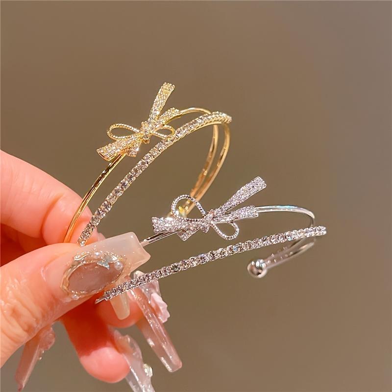 Elegant Gold Bow Bracelet with Synthetic Cubic Zirconia Inlay, Women's Open Design Bracelet for Casual and Special Occasions