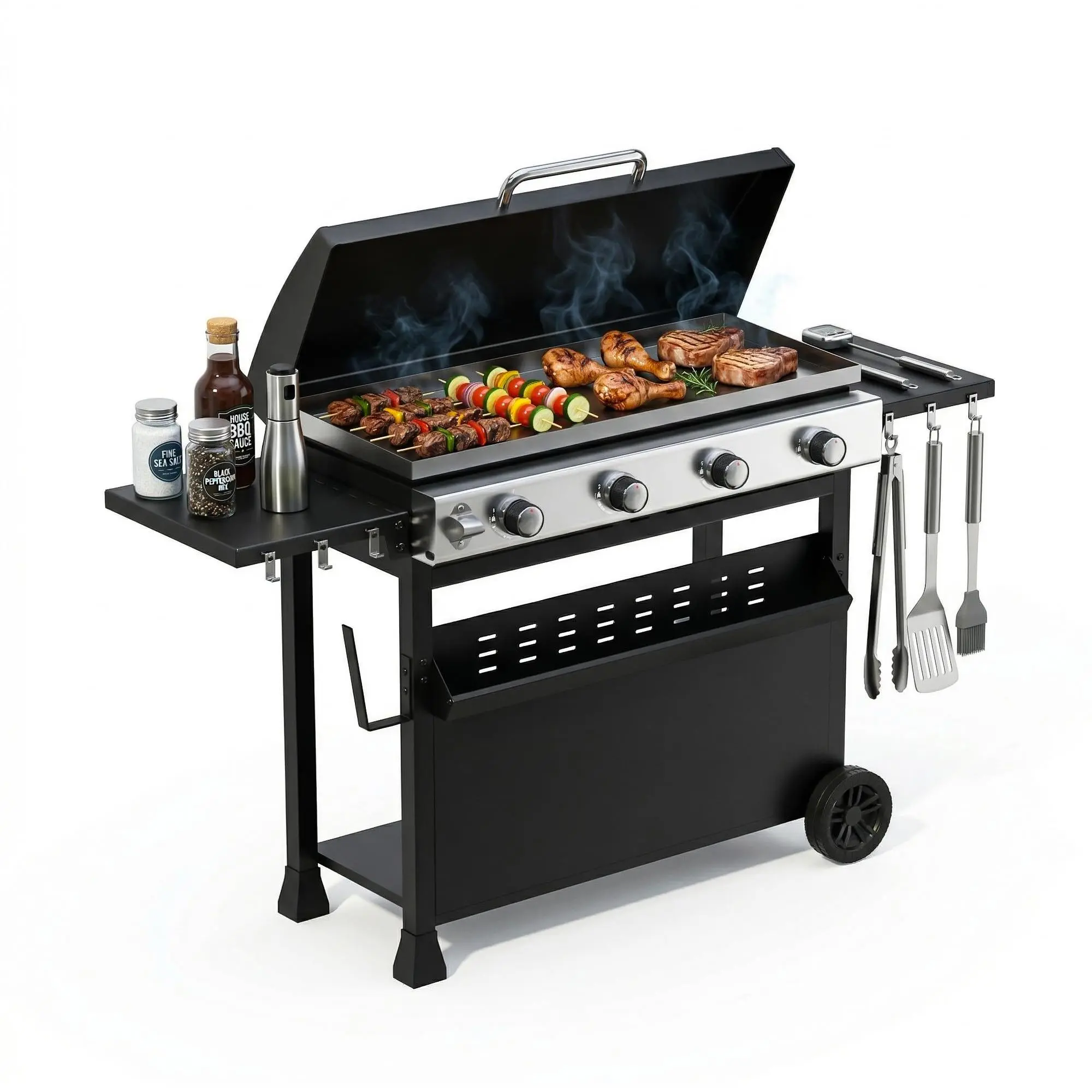 4-Disposable Propane Gas Griddle – Removable Cart, Convertible Flat Top Grill with Hood, 32,000 BTU, Portable for Camping, Tailgating, Backyard – Black
