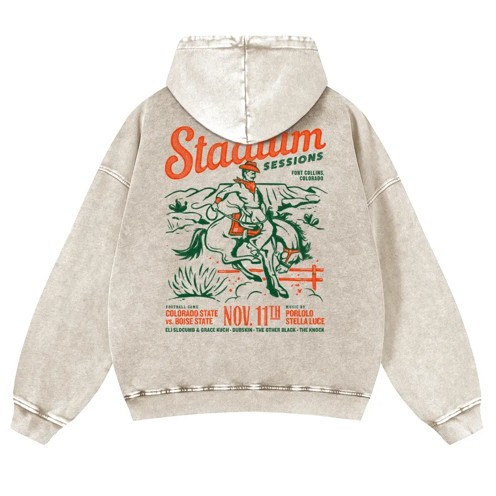 Vintage Mineral Wash Sand Graphic Hoodie | Unisex Oversized "Stadium Sessions" Western Streetwear Pullover | Retro Rodeo Cowboy Gameday Sweatshirt Y2K