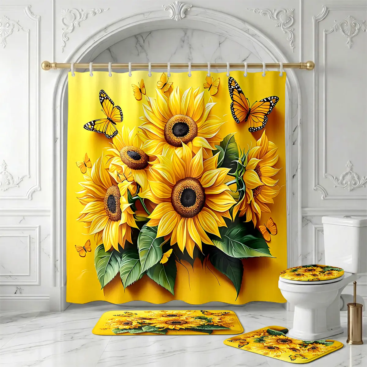 Yellow Sunflower Shower Curtain Set – Butterfly Floral Bouquet Bathroom Decor for Summer Solstice, Harvest Festival & Vibrant Garden Party Celebration Vibes