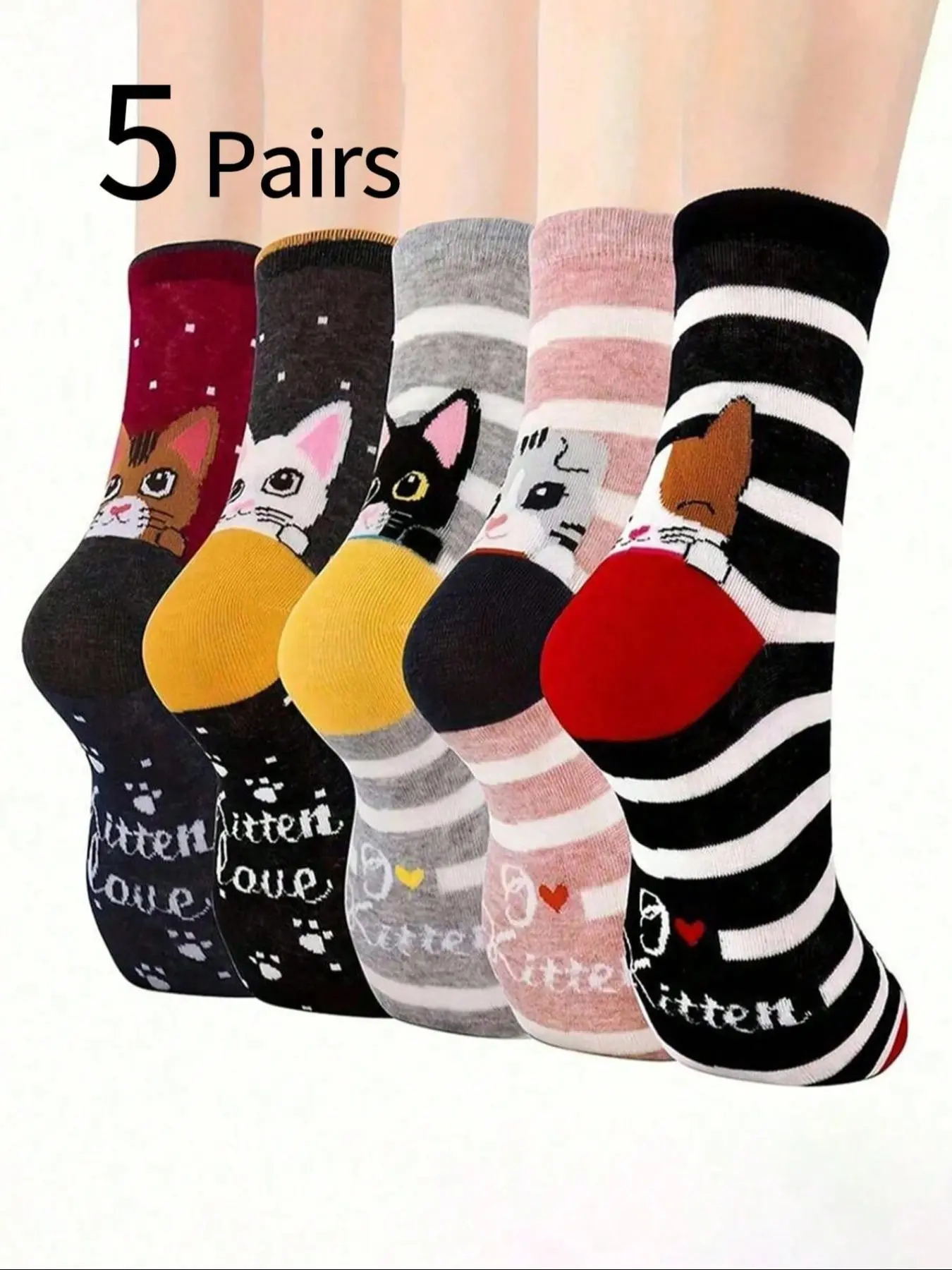 5 Pairs Cute Cat Pattern Crew Socks, Cartoon 3D Ear Design, Soft Breathable Comfort, Striped Sports Socks for Women & Teens