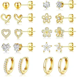 Small Gold Stud Earrings Set for Women - 14K Gold Plated CZ Huggie Hoops Hypoallergenic Earrings Dainty Flower Heart Stud Earrings for Jewelry Gift