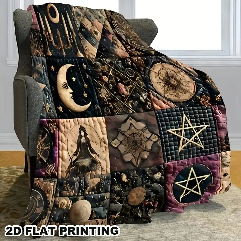 Classic Vintage Gothic Witch Quilted Flannel Throw Blanket, cooling blankets cooling blanket blankets quince bedding, Dark Fantasy Five-Pointed Star Moon Mystic Symbol Print Wrinkle Resistant Super Soft Plush Blanket