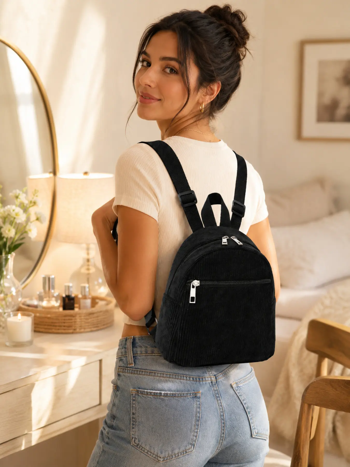 Black Corduroy Mini Backpack Purse, Casual Backpack for Women, lightweight daypack with adjustable straps, dual zipper main opening and front zip pocket for work shopping travel, holiday gift for her, date night accessory, compact storage