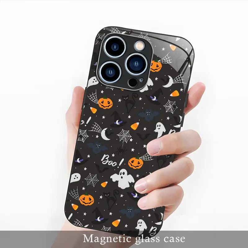 【7 Patterns Selectable】Gothic Halloween Witch Pumpkin Black Cat Magnetic Tempered Glass Phone Case, Shockproof Protective Cover Compatible with MagSafe for【iPhone 13 Pro】---9435