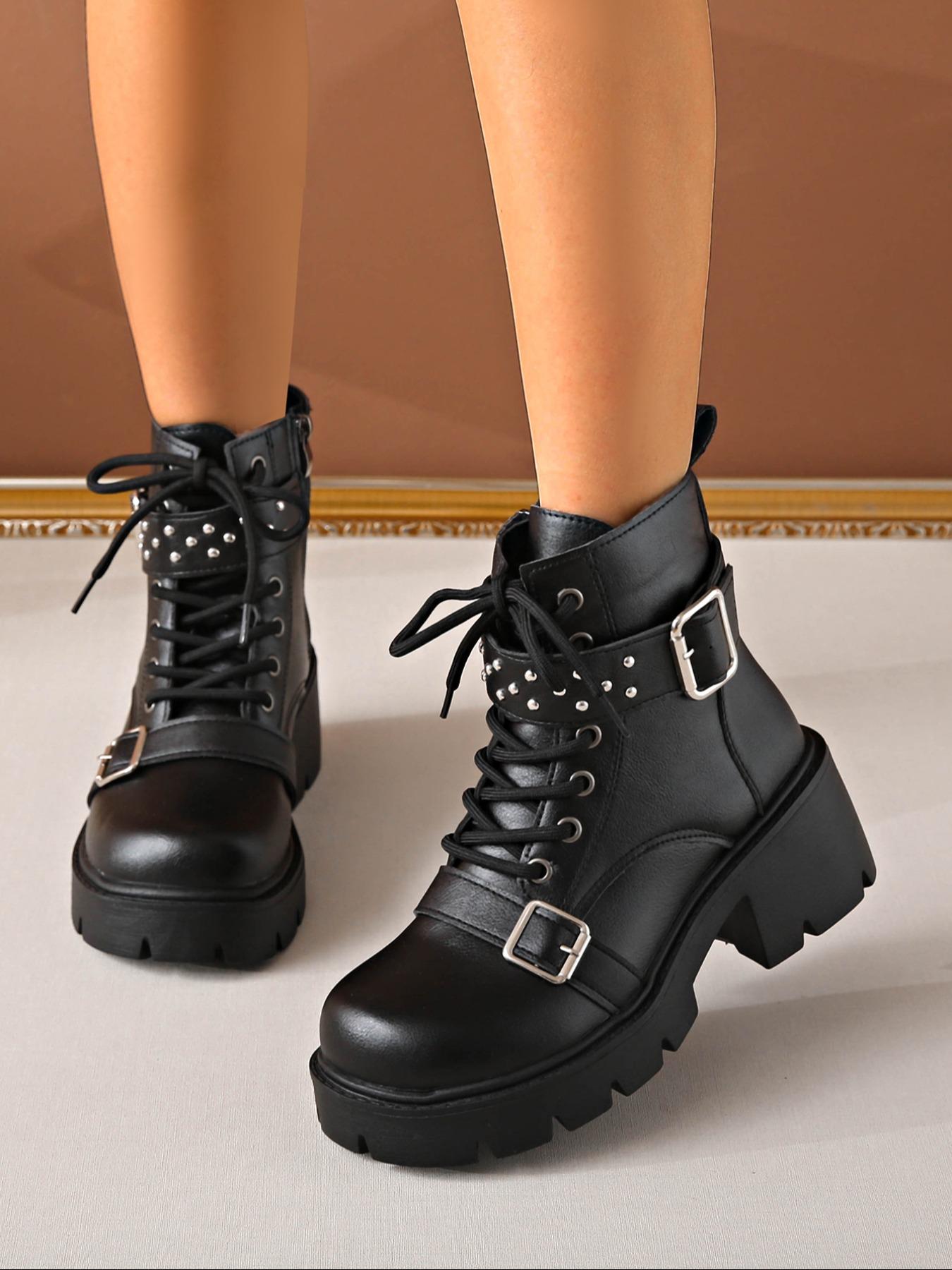 Classic platform ankle boots for women, studded buckle decoration, combat boots, four season zipper short boots, British boots, thick heels, punk high heels, motorcycle boots