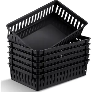6 Pack Small Plastic Baskets for Organizing, 10 x 6.5 x 2.4 Inch Rectangle Mesh Storage Bins, Flat Drawer Organizer Trays for Classroom, Desk, Office, Medication & Shelves(Black)