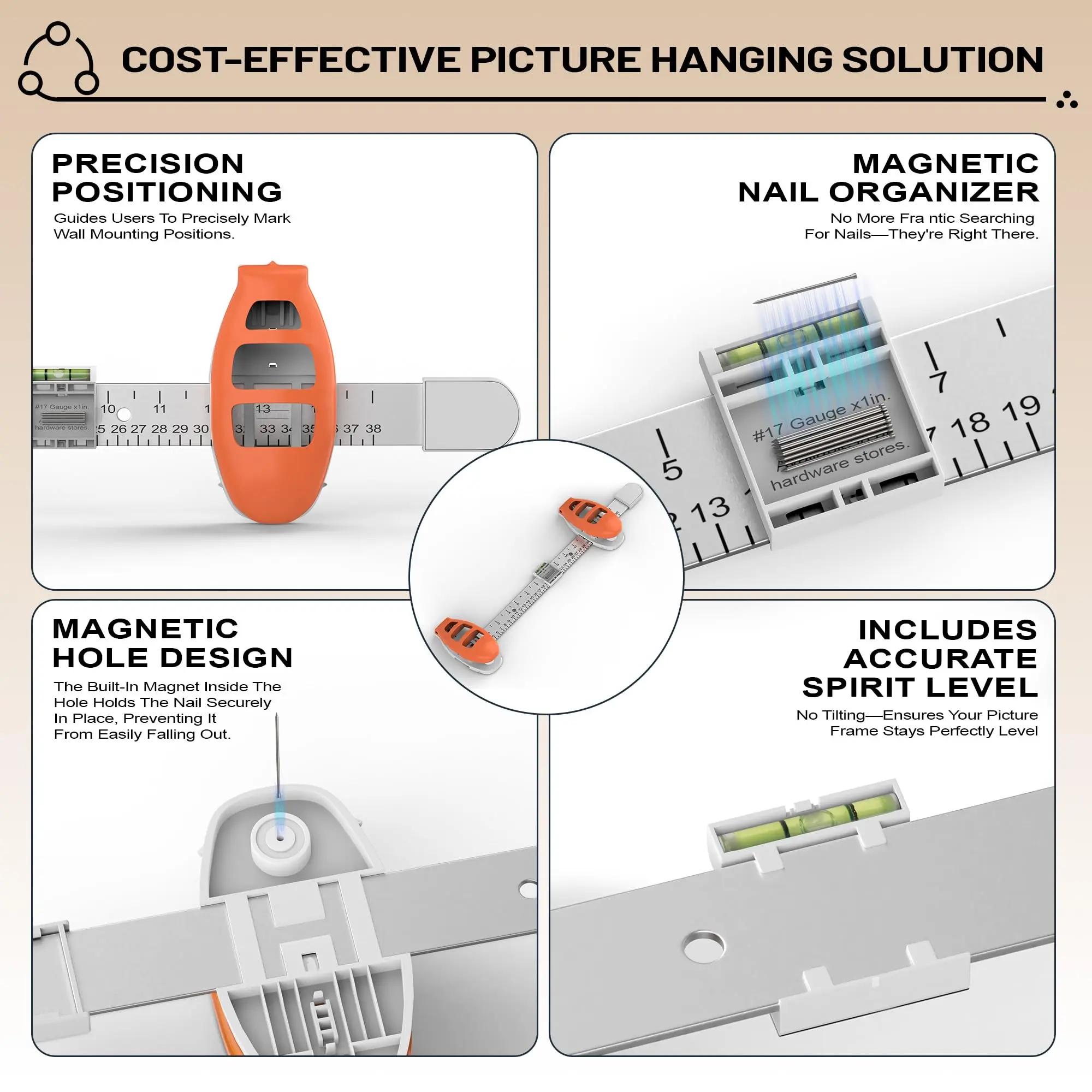 Picture Hanging Tool with Level & Ruler, Easy Alignment Wall Mounting Tool for Frames, Mirrors & Gallery Wall, No-Measure Home Decor Installation Kit