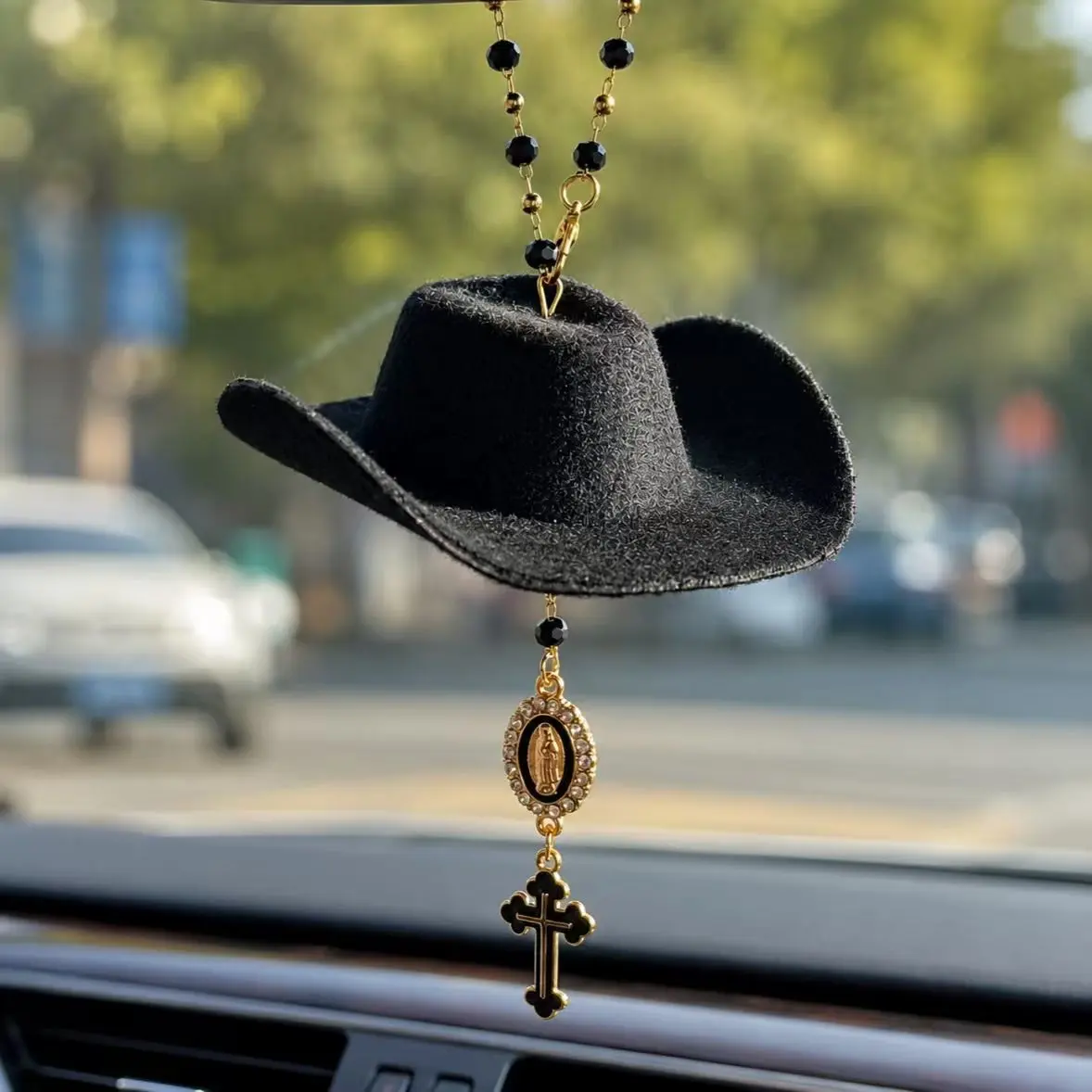 Faith Charm - cowboy hat with Virgin Mary charm . black cross hanging charm