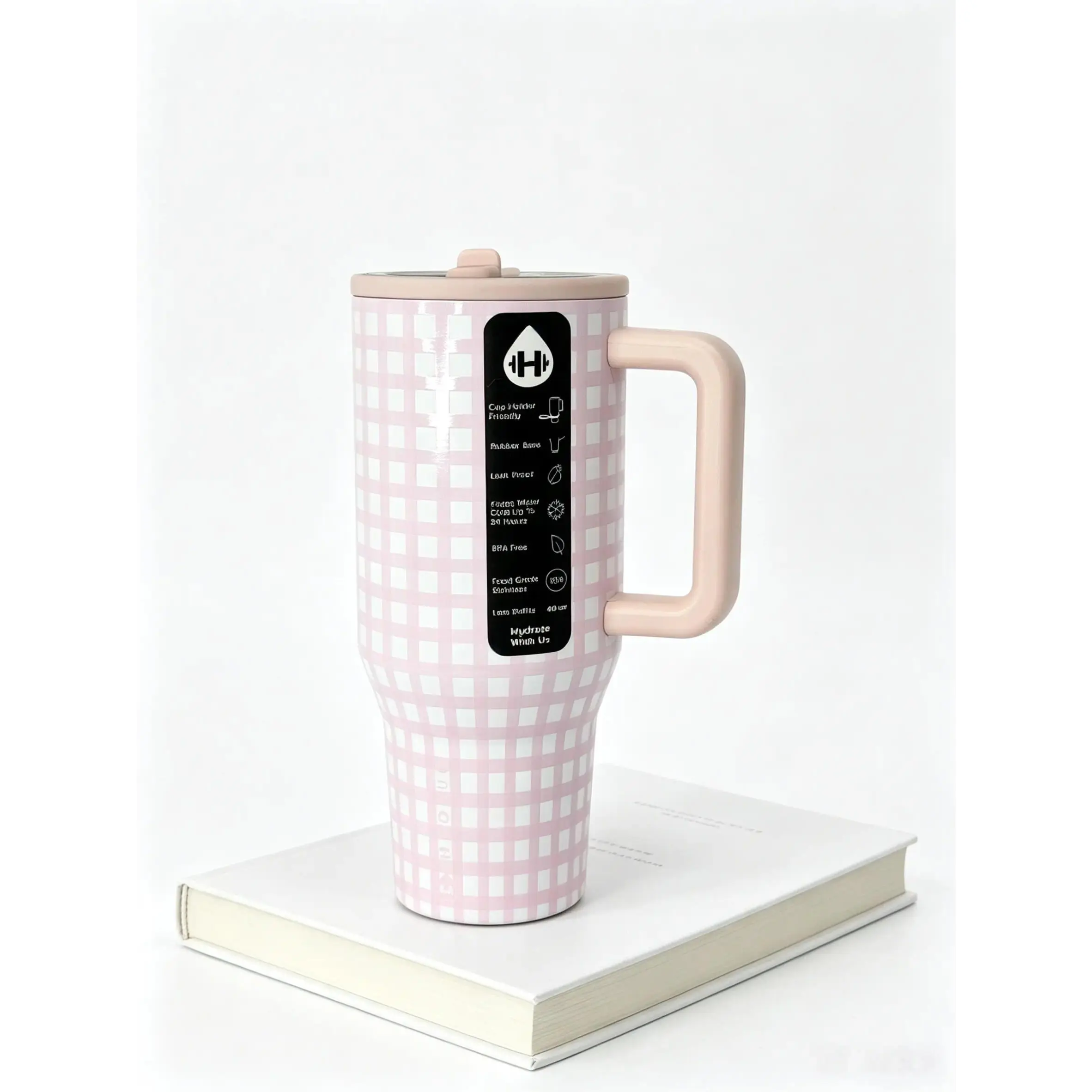 HydroJug 40oz Pink Gingham Leakproof Tumbler - BPA-Free Stainless Steel Insulated Travel Mug for Hot and Cold, Portable Washable Water Bottle for Coffee, Tea, Travel Mugs Insulated For Hot And Cold, Sports Water Bottles