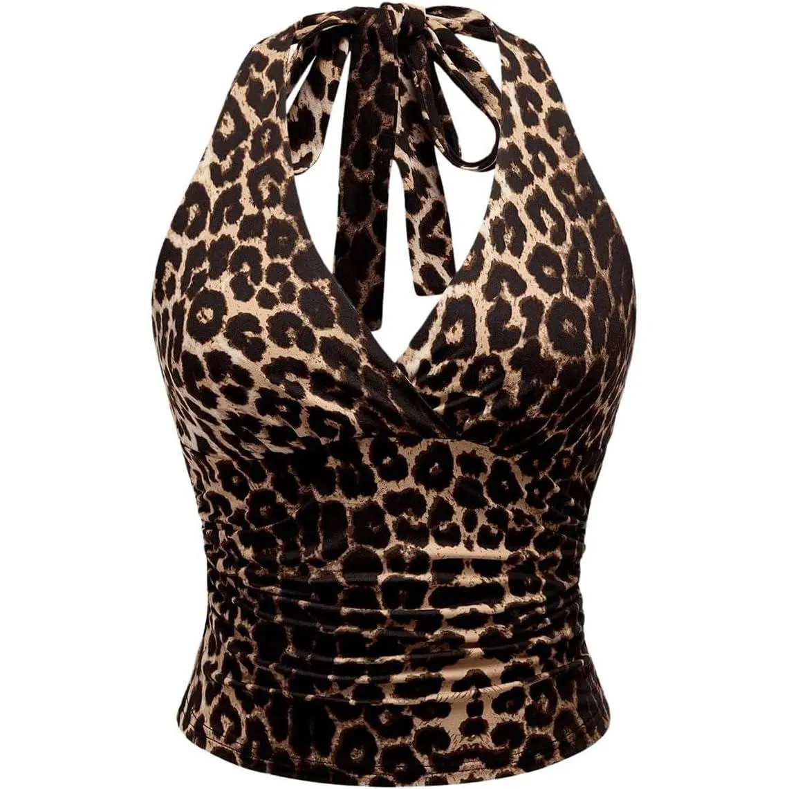 Women's Leopard Print Sleeveless Halter Crop Top, V-Neck Tie Back Ruched Slim Fit Camisole