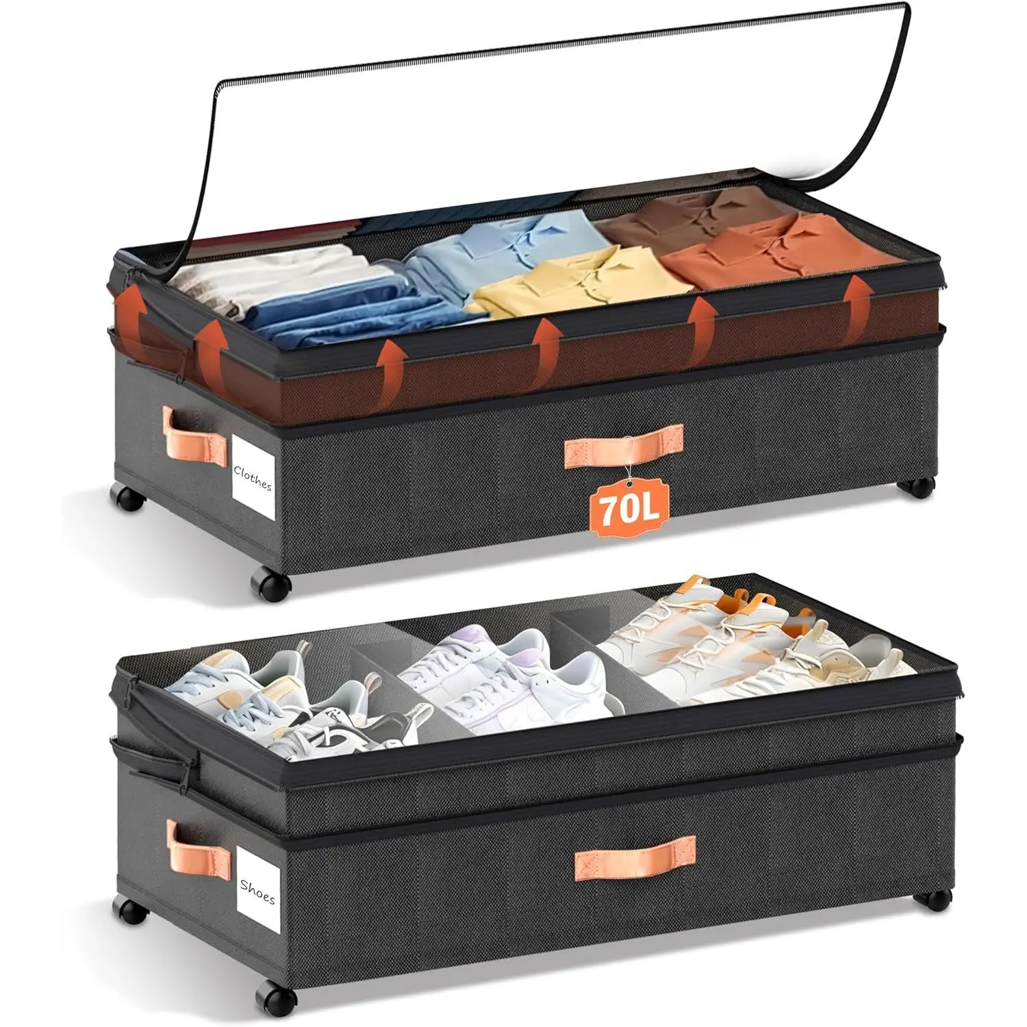 XXL Under Bed Storage with Wheels, 2 Pack 70L  Rolling Organizer, Heavy-Duty Foldable Storage Container with , Fits 10" Clearance, Black
