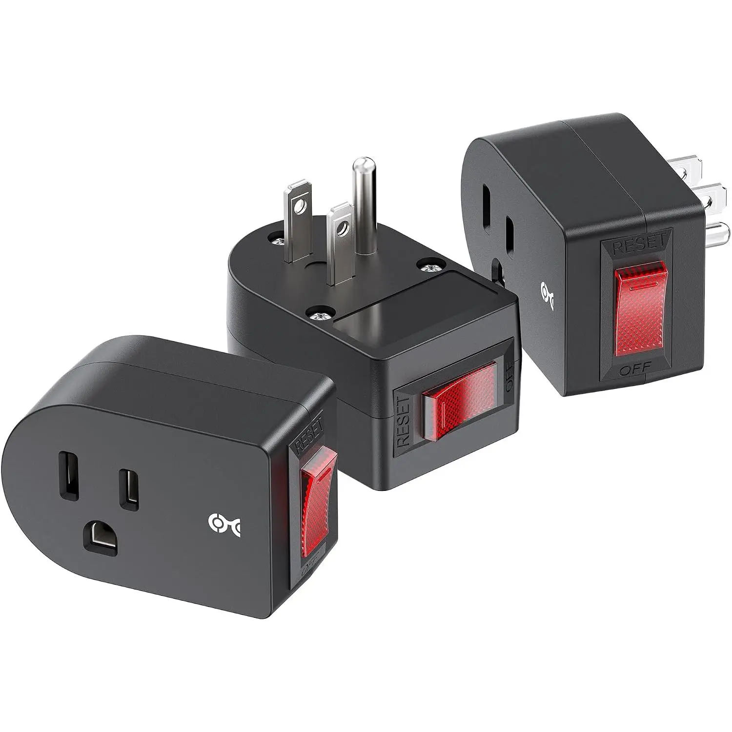[ETL Listed]  3-Pack Grounded Outlet , Black |  Off , 15A 1875W Rated, Manual Power Control, Grounded 3-Prong Plug