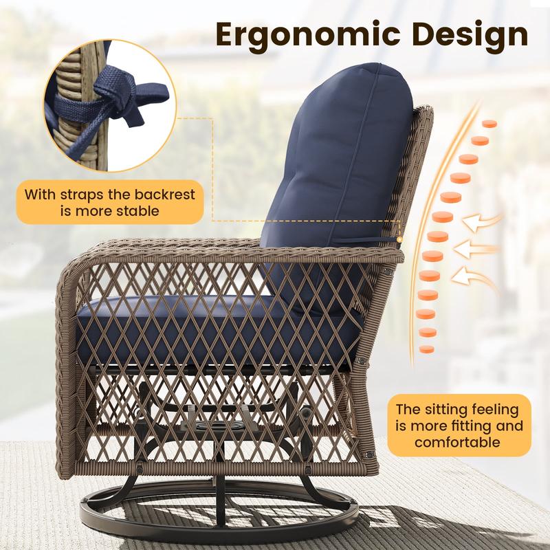 UDPATIO 3 Pieces Patio Furniture Set, Outdoor Swivel Rocking Chairs Wicker Patio Bistro Set Glass Top Side Table and Thickened Cushions Lounge