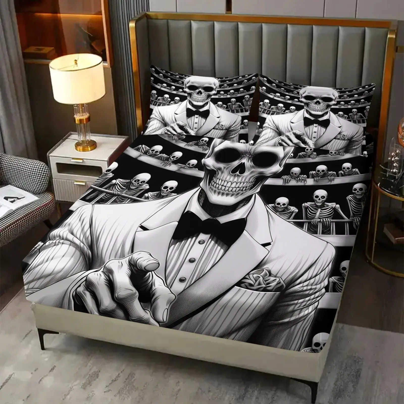 3PcsDark Skeleton Art‑Style Multiple Printed Fitted Sheet Set, Machine‑washable Skin‑friendly Fabric, Mattress Protection Design, Suitable For Bedroom Dorm Youth, All‑Season Bedroom Decor (No Pillowcase)
