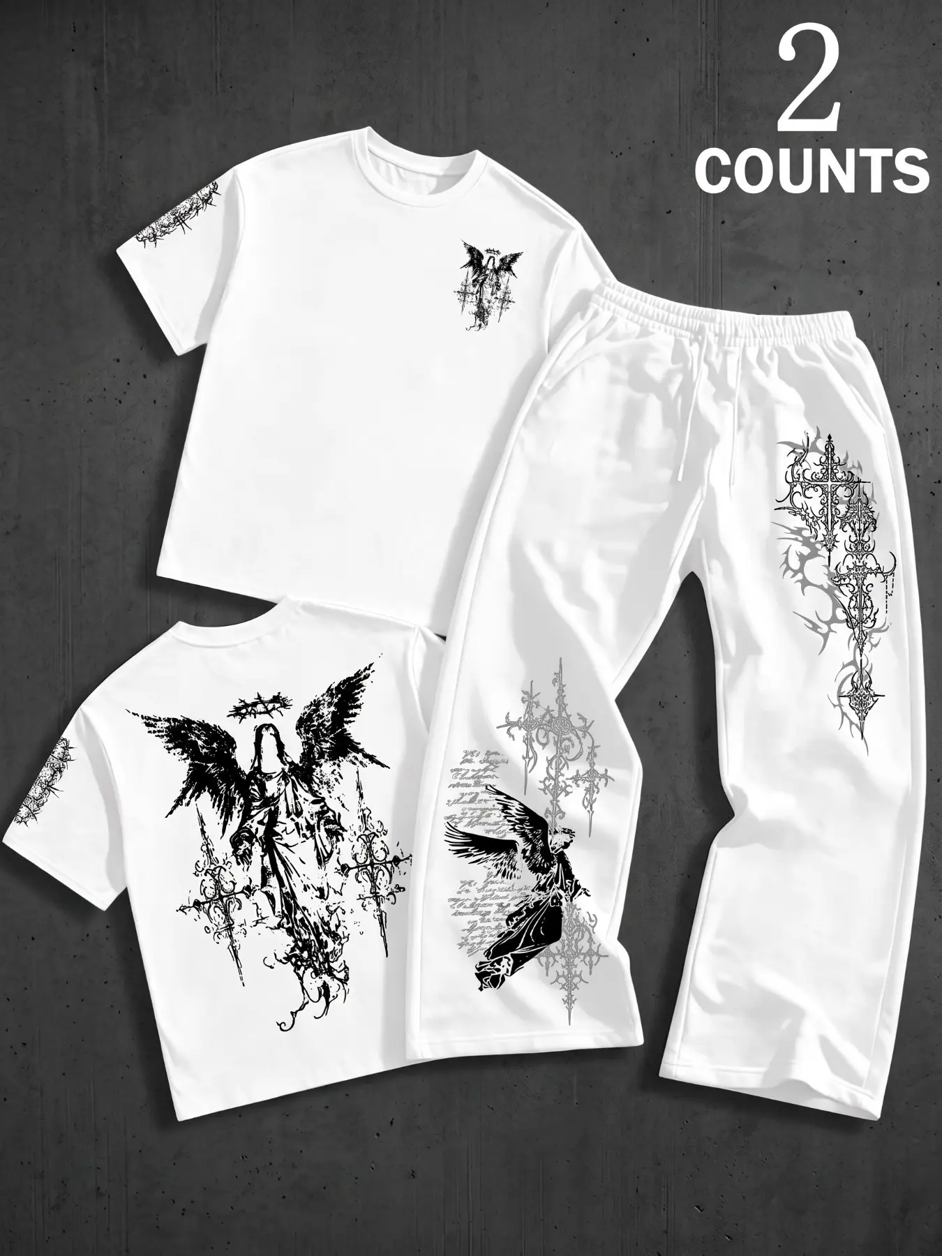 2Pcs Men Short Sleeve T-Shirt Wide Leg Pants Outfit Set, Gothic Angel Cross Graphic Print Tracksuit, Dark Streetwear, menswear clothing, ropa caballero hombre, unisex fashion outfits, Casual Two Piece Outfits