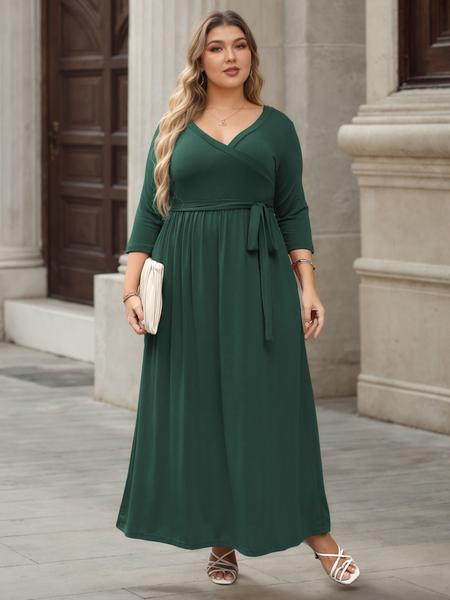 Women's V Neck Stretchy Casual Long Plus Size Dress, Perfect for Bridesmaids, Vintage Style Wedding & Party Wear, Comfortable All-Day Fabric